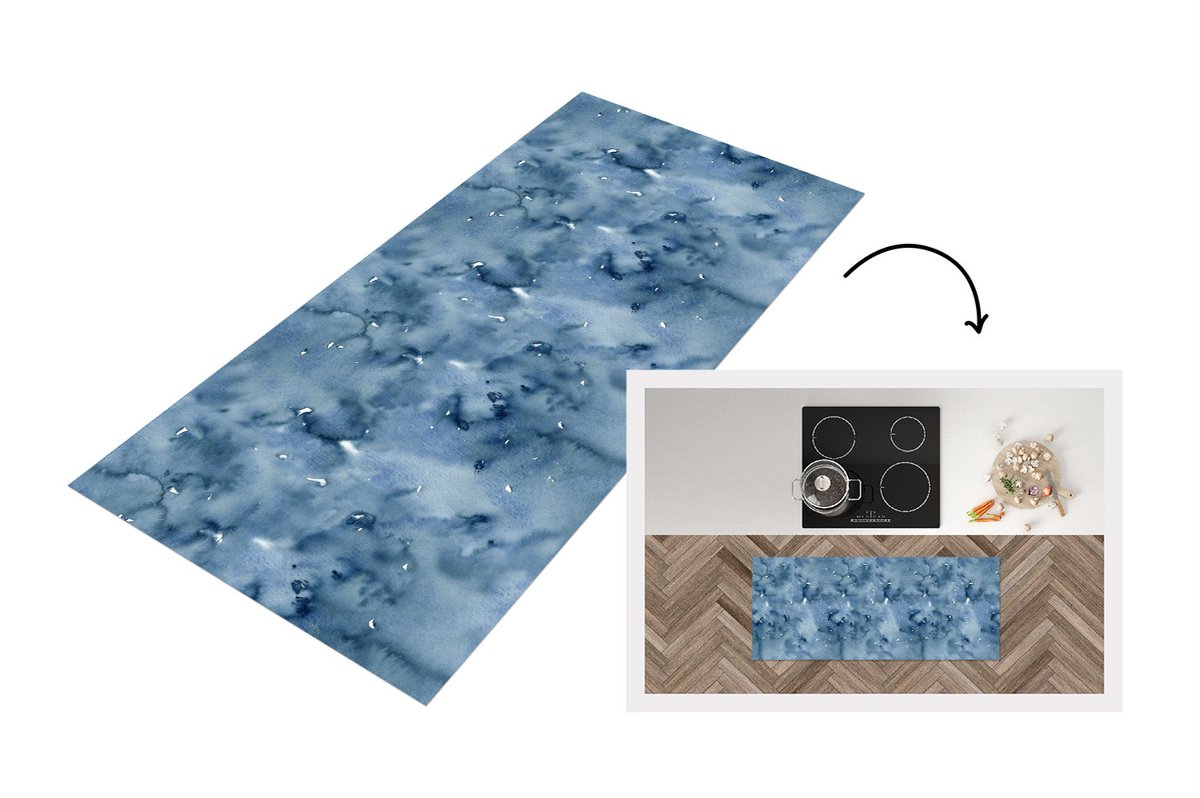 KitchenYeah Keukenloper - Loper keuken - Waterverf - Patroon - Blauw - Keukenloper vinyl
