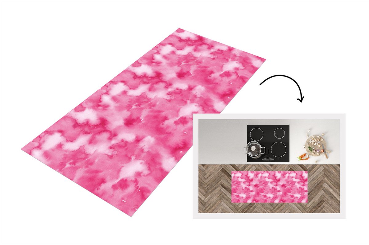 KitchenYeah Keukenloper - Loper keuken - Waterverf - Patronen - Fuchsia - 120x50 cm - Keukenloper vinyl Multicolor