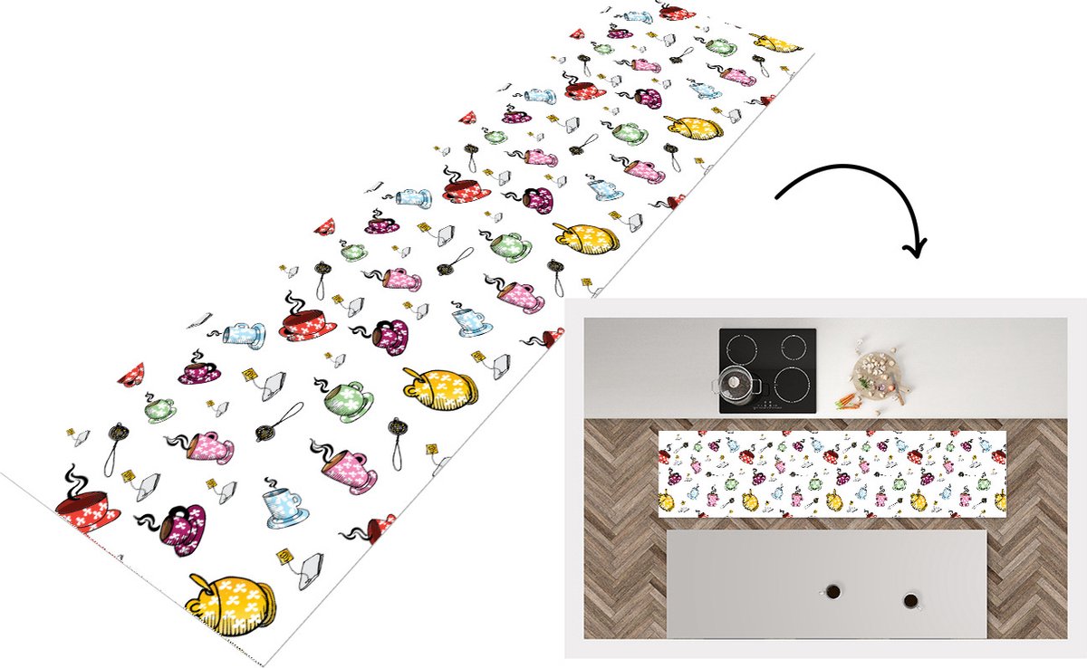 KitchenYeah Keukenloper - Loper keuken - Thee - Patronen - Kopjes - 240x60 cm - Keukenloper vinyl Multicolor