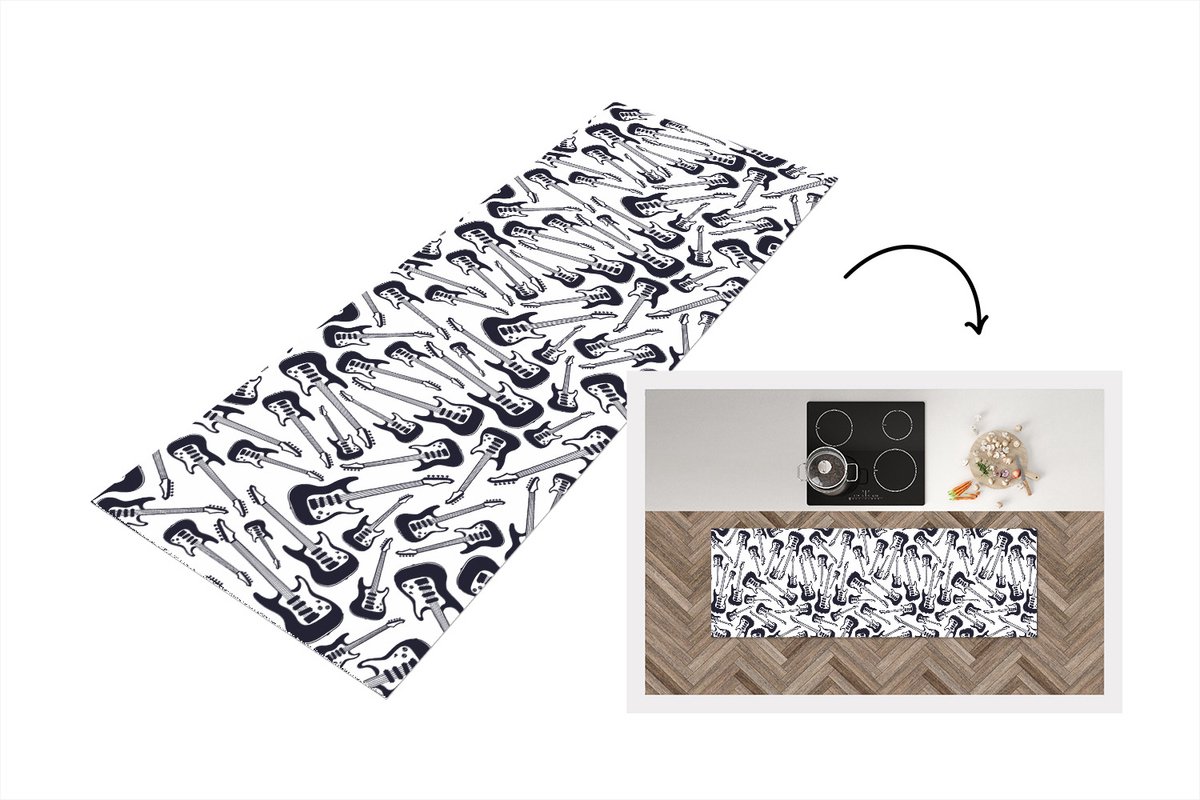 KitchenYeah Keukenloper - Loper keuken - Gitaar - Patronen - Zwart Wit - 150x50 cm - Keukenloper vinyl Zwart; Wit