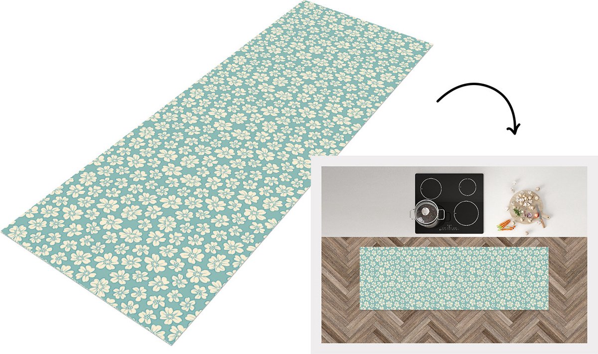 KitchenYeah Keukenloper - Loper keuken - Bloemen - Wit - Vintage - Patronen - 150x50 cm - Keukenloper vinyl Multicolor