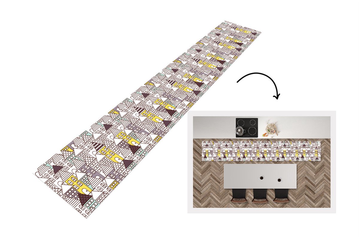 KitchenYeah Keukenloper - Loper keuken - Patronen - Huis - Skyline - 300x50 cm - Keukenloper vinyl Multicolor