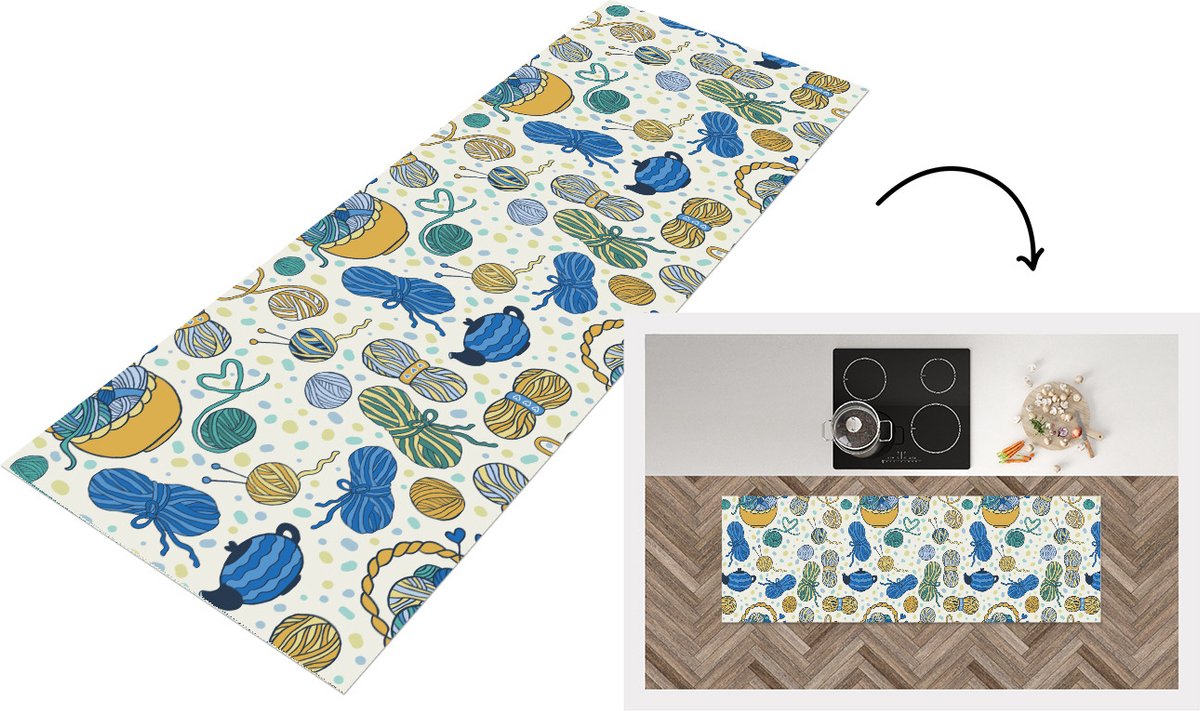 KitchenYeah Keukenloper - Loper keuken - Breien - Patronen - Wol - 150x50 cm - Keukenloper vinyl Multicolor