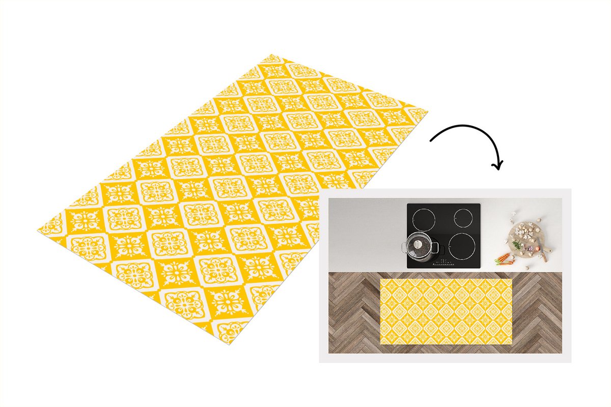 KitchenYeah Keukenloper - Loper keuken - Mozaïek - Vintage - Geel - Patronen - 120x60 cm - Keukenloper vinyl Multicolor