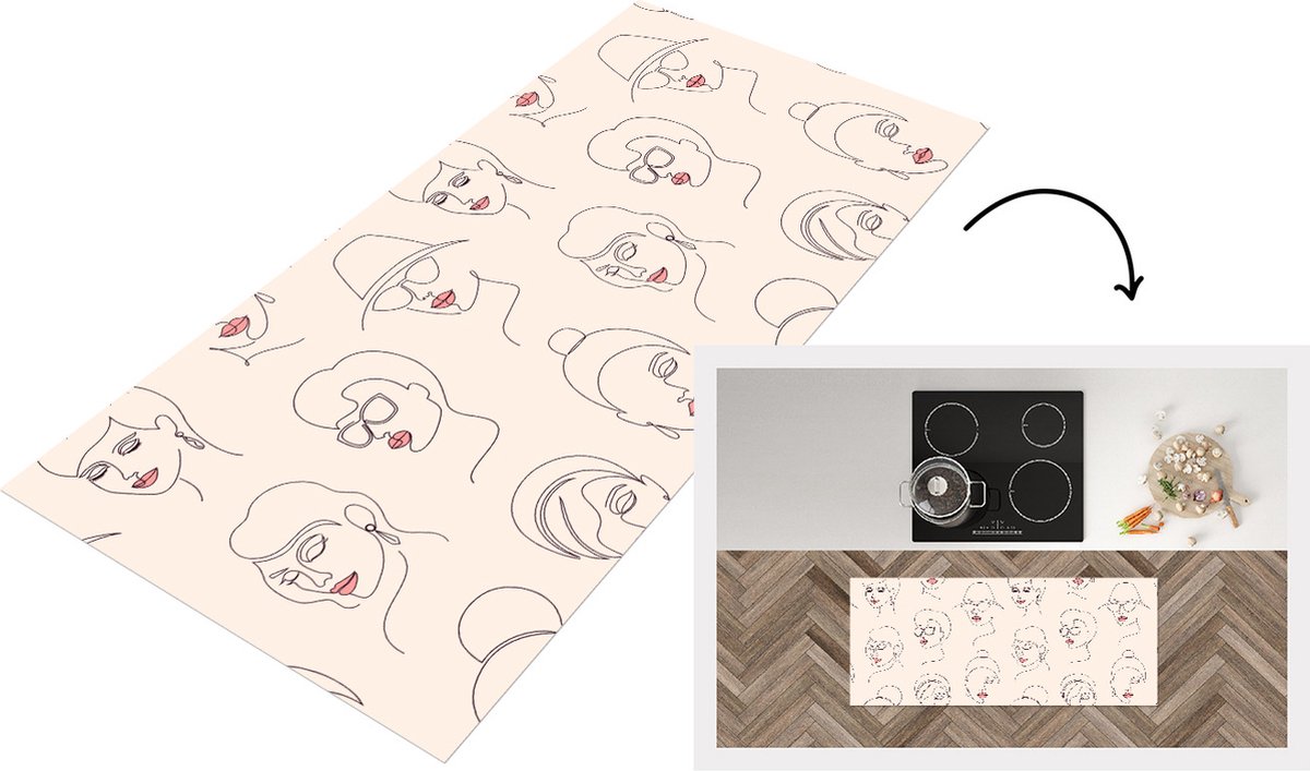 KitchenYeah Keukenloper - Loper keuken - Vrouw - Line Art - Patronen - Pastel - Keukenloper vinyl Multicolor
