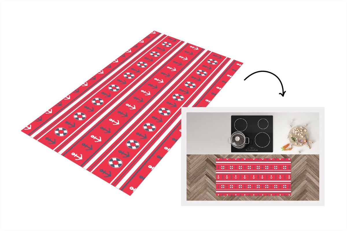 KitchenYeah Keukenloper - Loper keuken - Anker - Reddingsboei - Marine - Matroos - Patronen - 120x60 cm - Keukenloper vinyl Multicolor