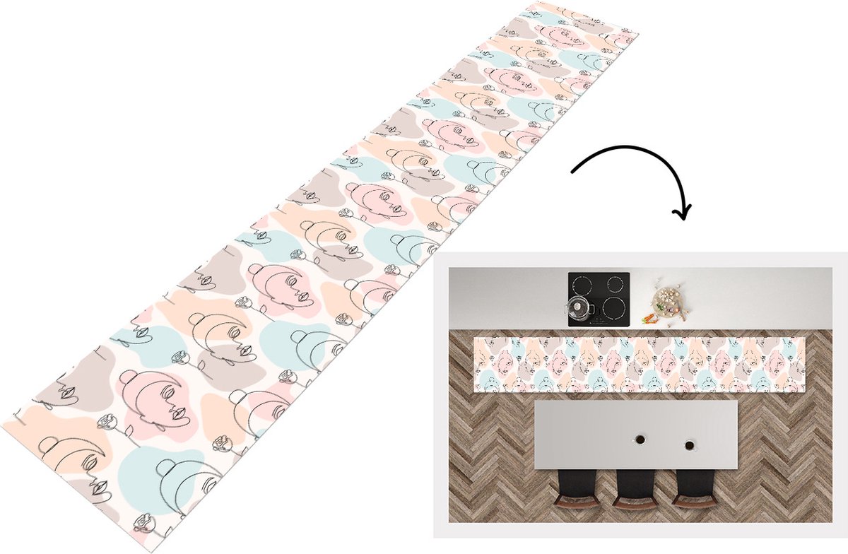 KitchenYeah Keukenloper - Loper keuken - Vrouw - Bloemen - Line Art - Pastel - Patroon - 300x50 cm - Keukenloper vinyl Multicolor