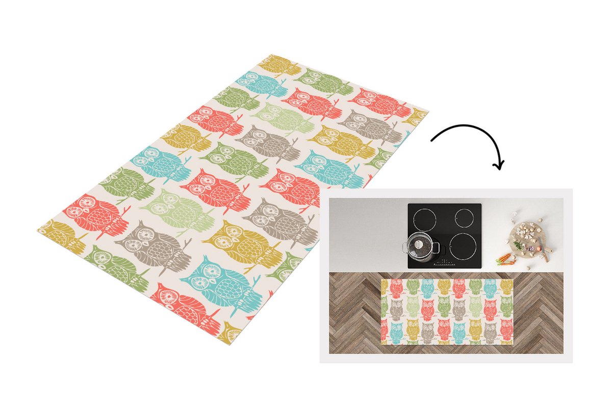 KitchenYeah Keukenloper - Loper keuken - Patronen - Uil - Vogels - 120x60 cm - Keukenloper vinyl Multicolor