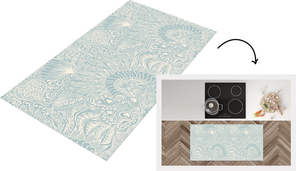 KitchenYeah Keukenloper - Loper keuken - Koraal - Hart - Zeewier - Vis - Patroon - 120x60 cm - Keukenloper vinyl Multicolor