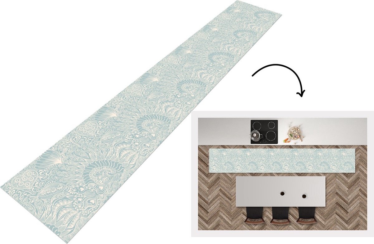 KitchenYeah Keukenloper - Loper keuken - Koraal - Hart - Zeewier - Vis - Patroon - 300x50 cm - Keukenloper vinyl Multicolor