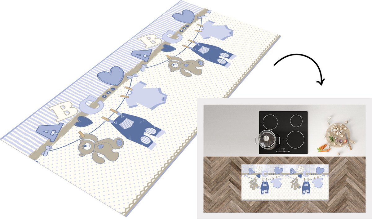 KitchenYeah Keukenloper - Loper keuken - Baby kleren - Waslijn - Teddybeer - Patroon - 120x50 cm - Keukenloper vinyl Multicolor