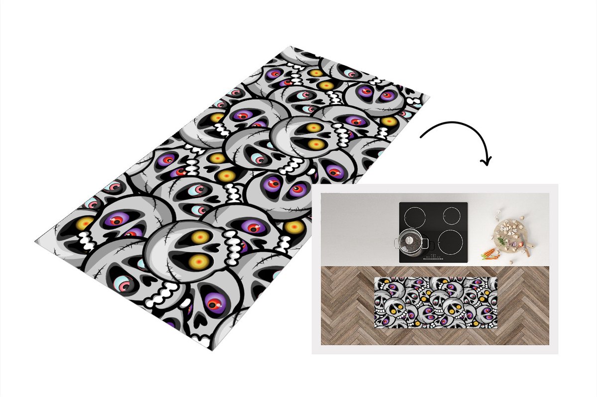 KitchenYeah Keukenloper - Loper keuken - Schedel - Patroon - Ogen - 120x50 cm - Keukenloper vinyl Multicolor