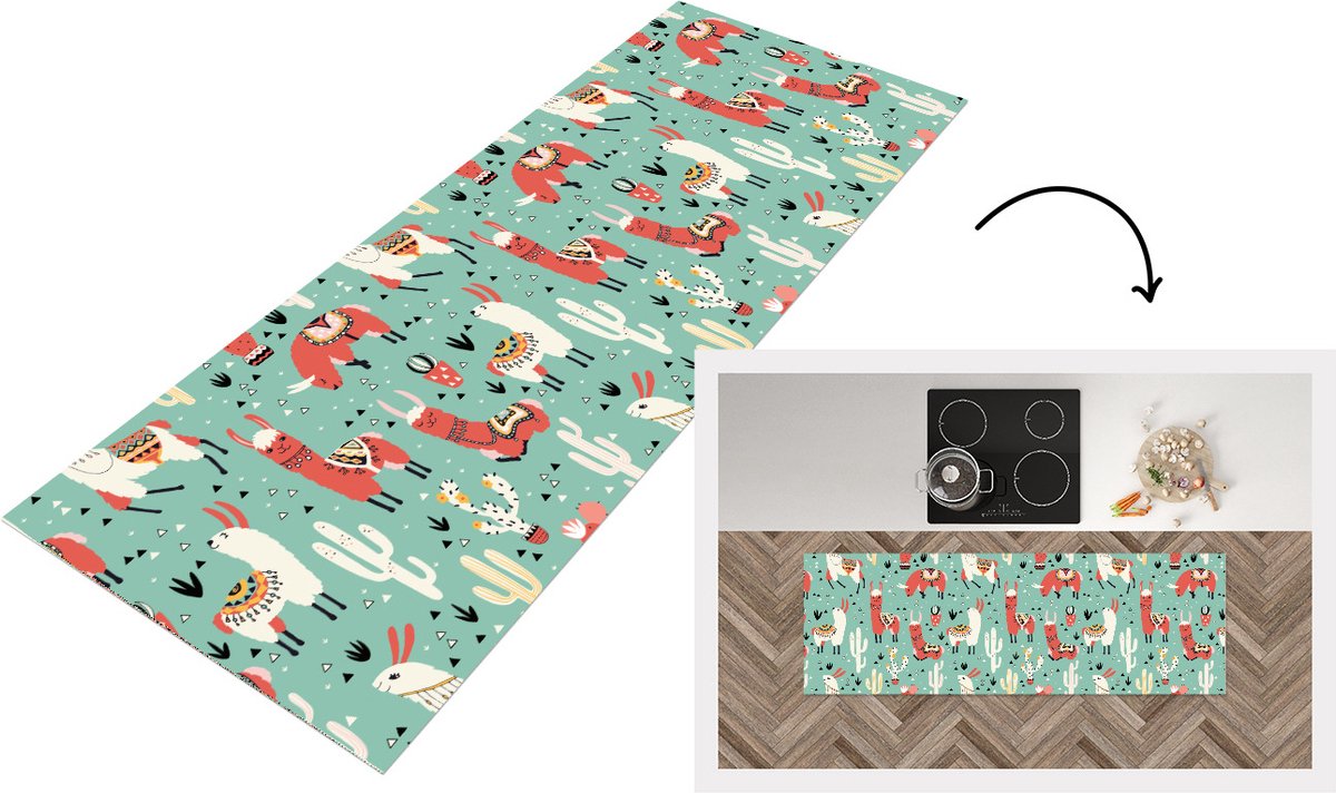 KitchenYeah Keukenloper - Loper keuken - Lama - Patronen - Cactus - 180x60 cm - Keukenloper vinyl Multicolor
