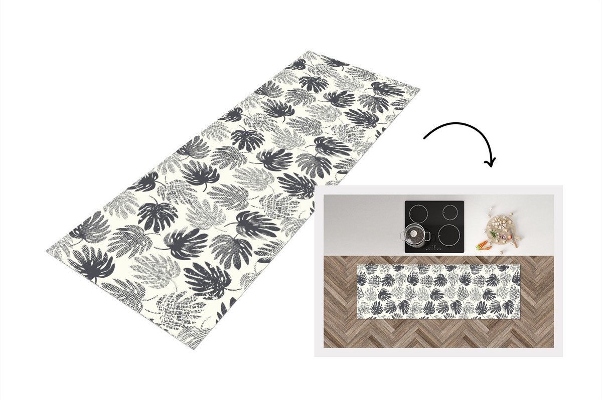 KitchenYeah Keukenloper - Loper keuken - Monstera - Zwart Wit - Patronen - Vintage - 180x60 cm - Keukenloper vinyl Zwart; Wit