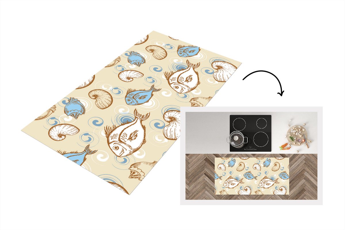 KitchenYeah Keukenloper - Loper keuken - Vis - Schelpen - Pastel - Design - Vintage - 120x60 cm - Keukenloper vinyl Multicolor