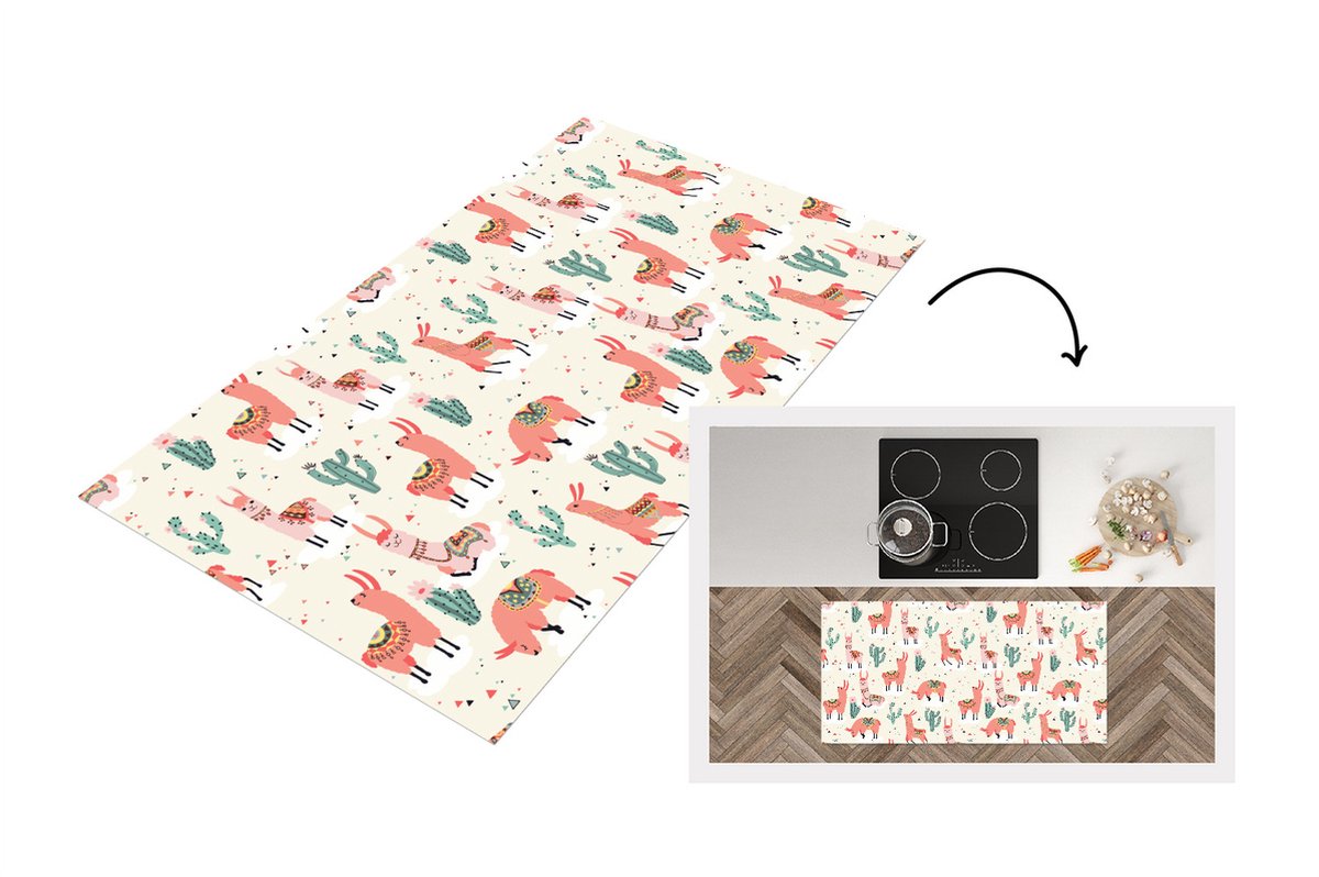 KitchenYeah Keukenloper - Loper keuken - Lama - Patronen - Cactus - 120x60 cm - Keukenloper vinyl Multicolor
