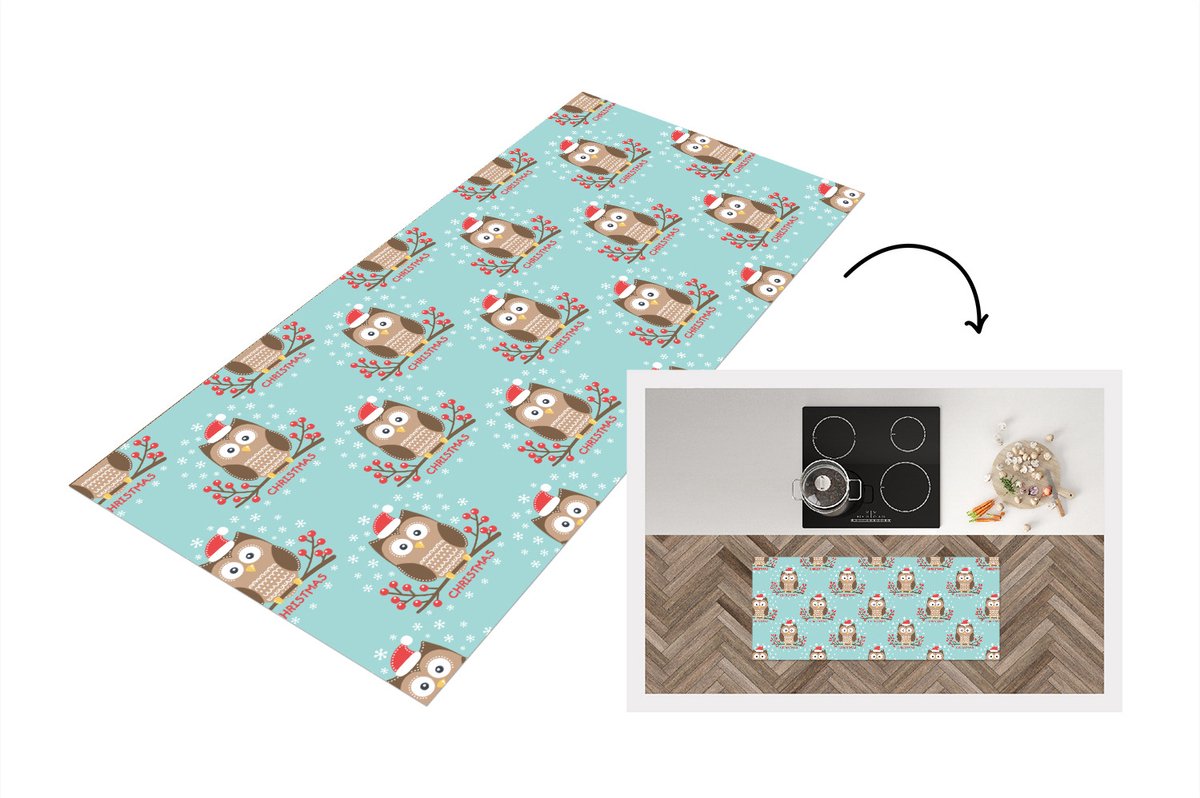 KitchenYeah Keukenloper - Loper keuken - Patronen - Uil - Kerst - 120x50 cm - Keukenloper vinyl Multicolor