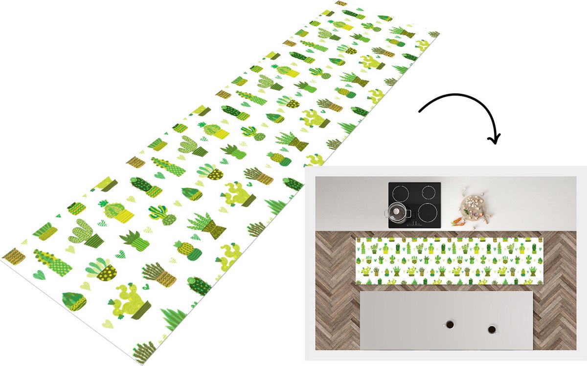 KitchenYeah Keukenloper - Loper keuken - Vetplanten - Patronen - Cactus - 240x60 cm - Keukenloper vinyl Multicolor