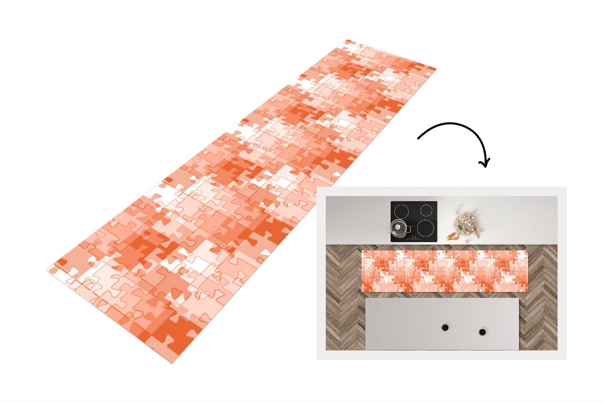 KitchenYeah Keukenloper - Loper keuken - Puzzel - Oranje - Patronen - 240x60 cm - Keukenloper vinyl Multicolor