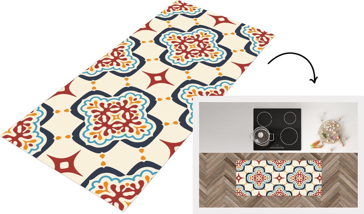 KitchenYeah Keukenloper - Loper keuken - Bloemen - Tegel - Vector - Patroon - 120x50 cm - Keukenloper vinyl Multicolor