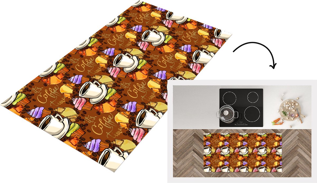 KitchenYeah Keukenloper - Loper keuken - Koffie - Croissant - Patronen - Ontbijt - 120x60 cm - Keukenloper vinyl Multicolor