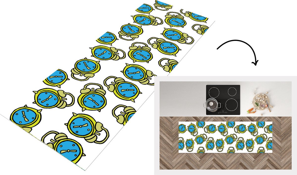 KitchenYeah Keukenloper - Loper keuken - Wekker - Patroon - Cartoon - Slapen - 180x60 cm - Keukenloper vinyl Multicolor