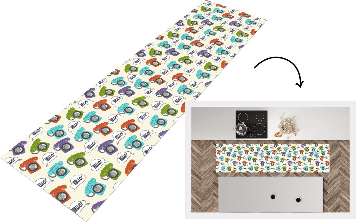 KitchenYeah Keukenloper - Loper keuken - Retro - Telefoon - Design - 240x60 cm - Keukenloper vinyl Multicolor