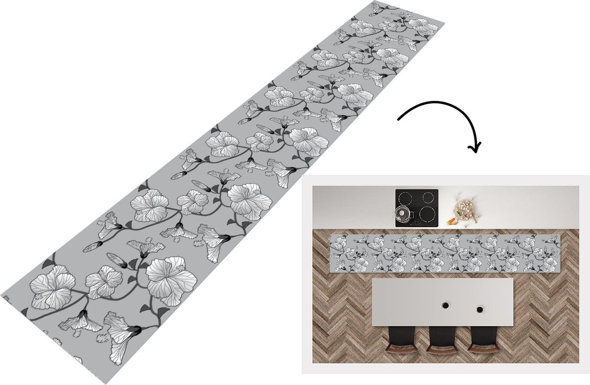 KitchenYeah Keukenloper - Loper keuken - Hibiscus - Grijs - Tropisch - Patroon - Keukenloper vinyl, foto 6