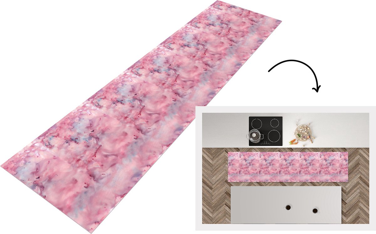 KitchenYeah Keukenloper - Loper keuken - Alcohol inkt - Marmer - Roze - Patronen - 240x60 cm - Keukenloper vinyl Multicolor
