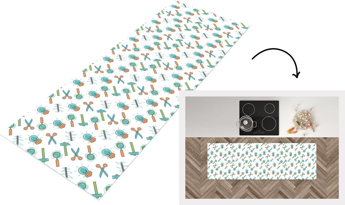 KitchenYeah Keukenloper - Loper keuken - Schaar - Potlood - Patronen - 150x50 cm - Keukenloper vinyl Multicolor