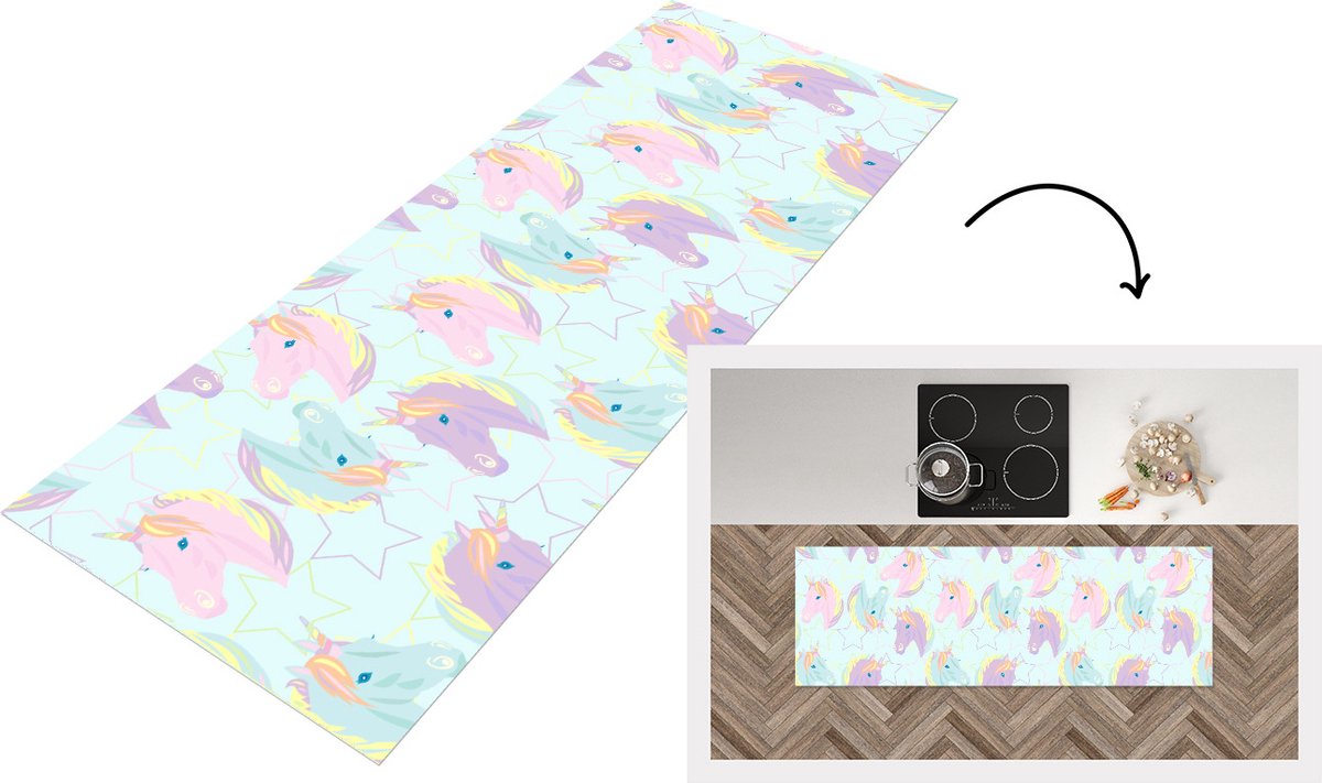 KitchenYeah Keukenloper - Loper keuken - Unicorn - Sterren - Patronen - 150x50 cm - Keukenloper vinyl Multicolor