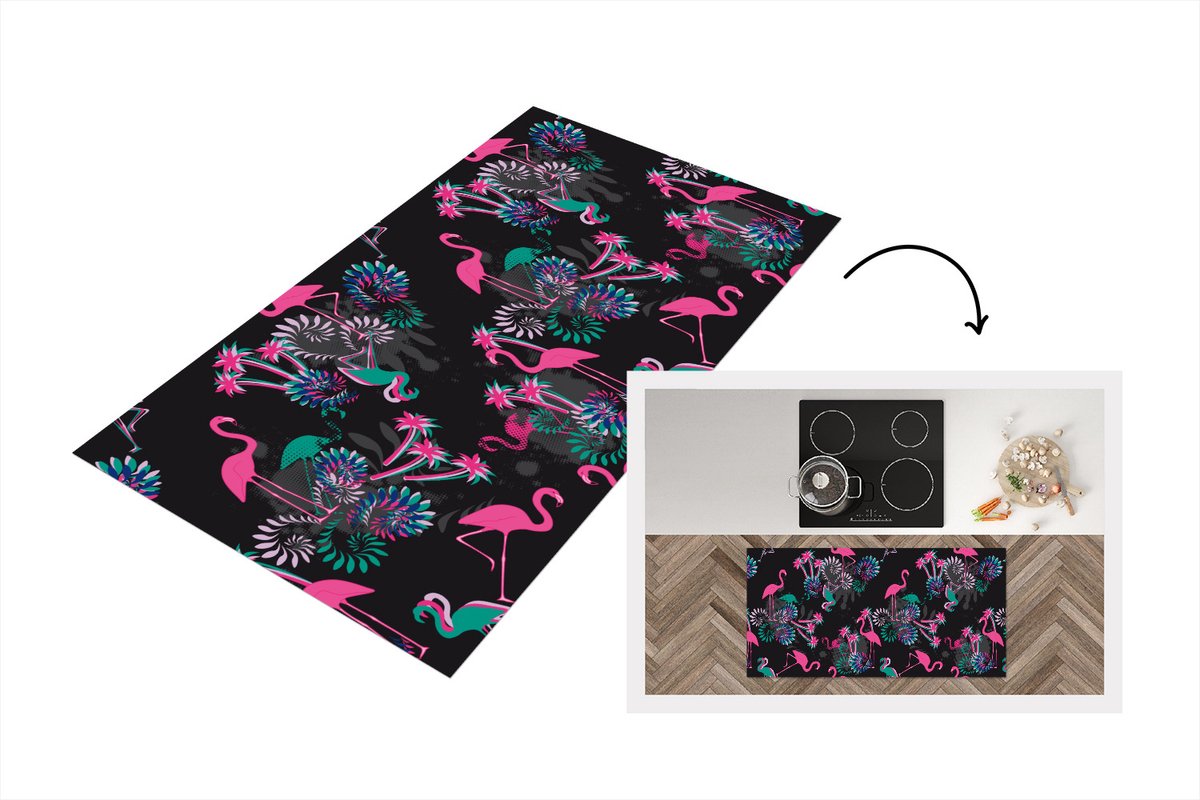KitchenYeah Keukenloper - Loper keuken - Flamingo - Patroon - Roze - Jungle - 120x60 cm - Keukenloper vinyl Multicolor