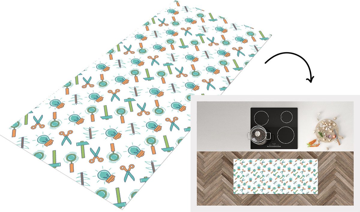 KitchenYeah Keukenloper - Loper keuken - Schaar - Potlood - Patronen - 120x50 cm - Keukenloper vinyl Multicolor