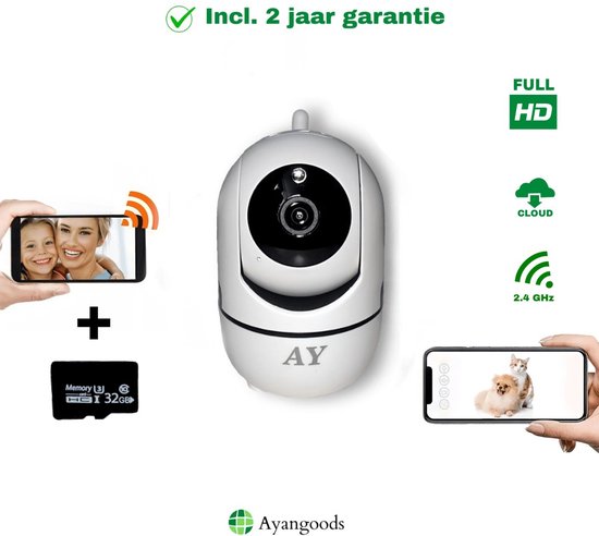 Ayangoods - Huisdiercamera - Hondencamera – Dog Camera - Baby Camera - Gratis SD kaart 32GB! – Pet Camera – Babyfoon Met Camera - Wifi - Werkt met app - Full HD - Two-way Audio - Nachtzicht - Beweeg en Geluidsdetectie - IP Camera - Petcam - Wit