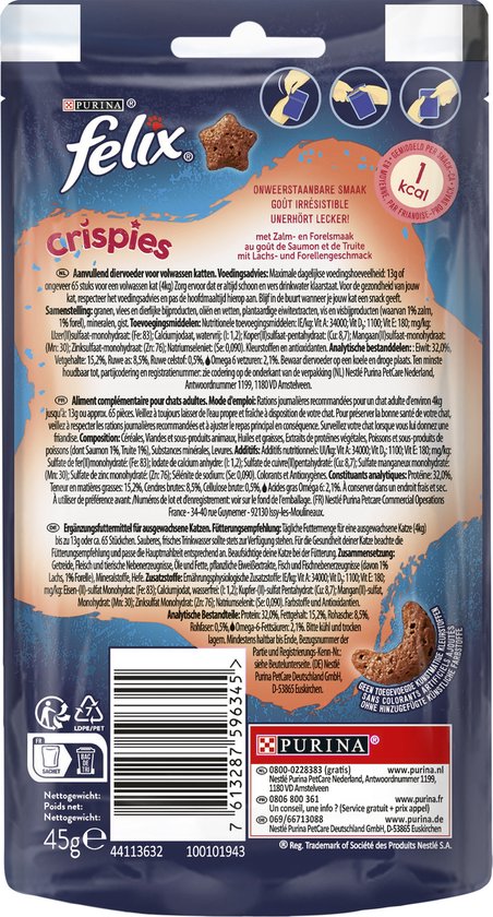 Felix Crispies kattenvoer met zalm en forel. De verpakking bevat 45g en is voor volwassen katten.