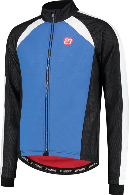Heren fietsjack met blauw middenvak, zwarte mesh mouwen en witte accenten. Rood gevoerd.