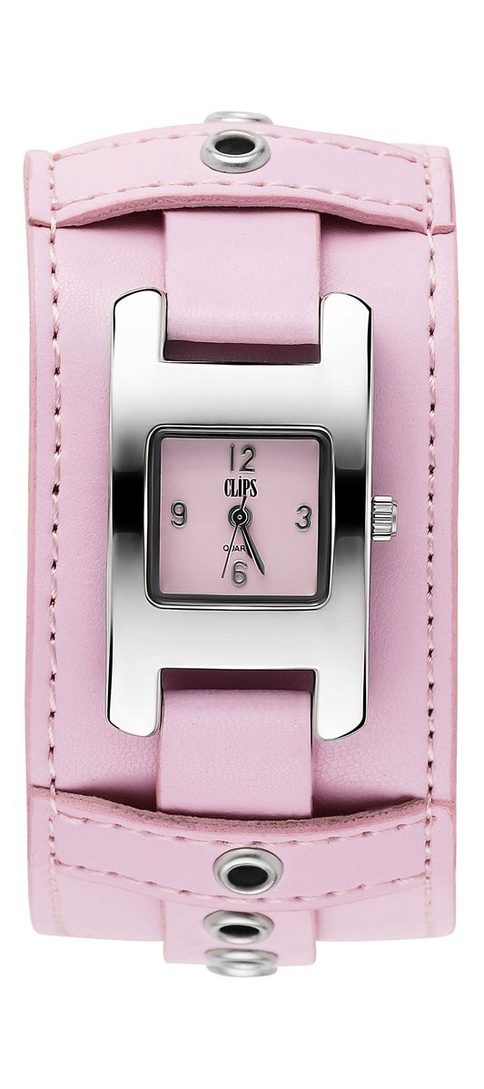 Clips 553-1008-77 Horloge - Leer - Roze - Ø 28 mm