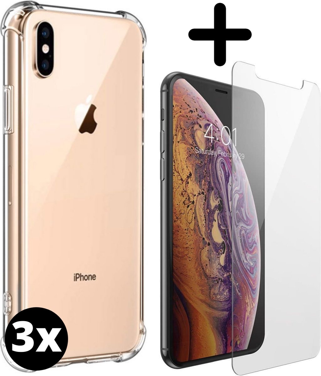 Fooniq Anti Schock Siliconen Hoesje Transparant 3x + Screenprotector 3x - Geschikt Voor Apple iPhone XS Max