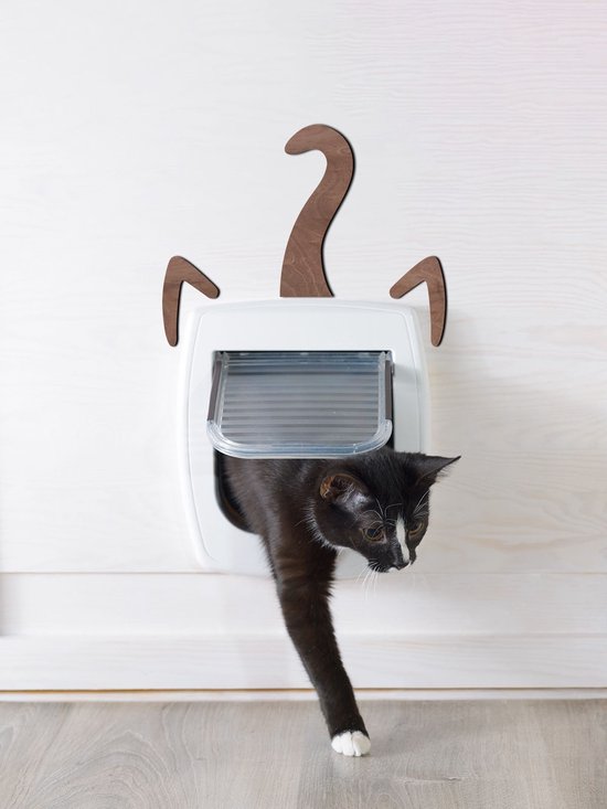 DEUR DECORATIE / DOOR DECORATION - KATTENACCESSOIRES / CAT ACCESSORIES - KATTENLUIK / CAT DOOR - 15 x 20cm - DONKER HOUT / DARK WOOD - KITTY PASS - INTERIOR - FANCY CATS - KATTENFLAP