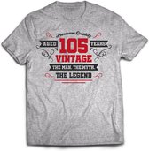 105 Jaar Legend - Feest kado T-Shirt Heren / Dames - Antraciet Grijs / Rood - Perfect Verjaardag Cadeau Shirt - grappige Spreuken, Zinnen en Teksten. Maat S