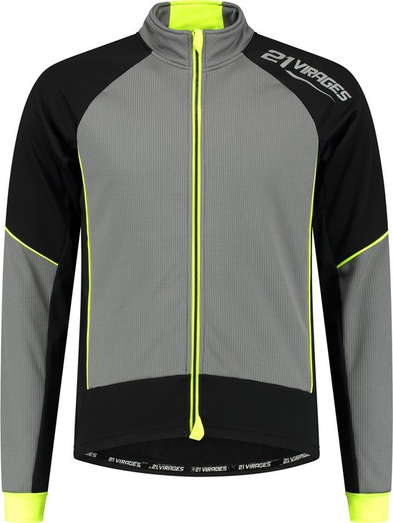 Zwart fietsjack met grijze vlakken, neongele biezen en logo '21VIRAGES'.