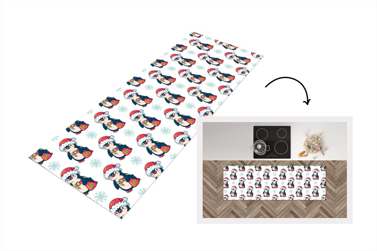 KitchenYeah Keukenloper - Loper keuken - Pinguïn - Kerstmuts - Kind - Patronen - Kerstmis - 180x60 cm - Keukenloper vinyl Multicolor