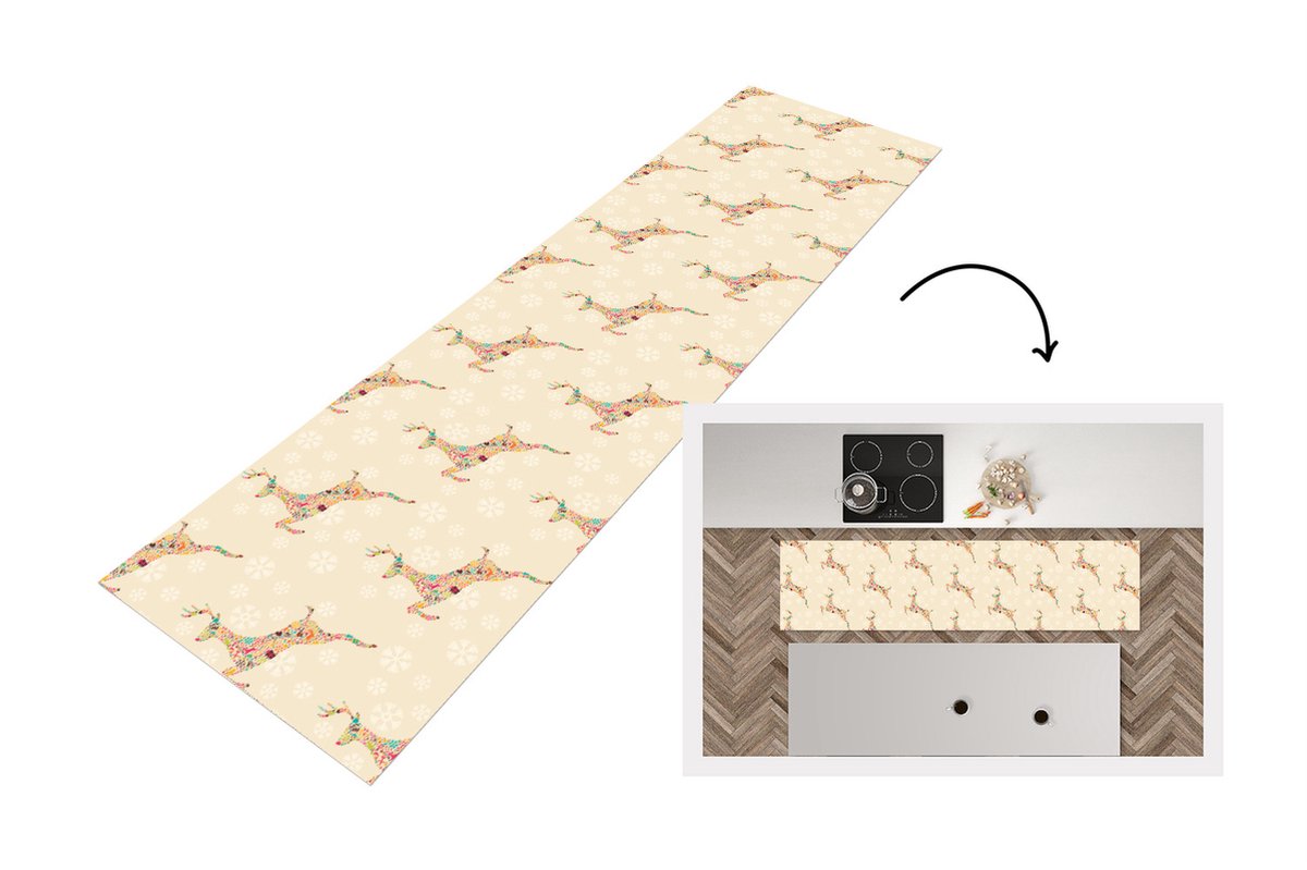 KitchenYeah Keukenloper - Loper keuken - Regenboog - Rendier - Kerst cadeau - Patronen - Christmas - 240x60 cm - Keukenloper vinyl Multicolor