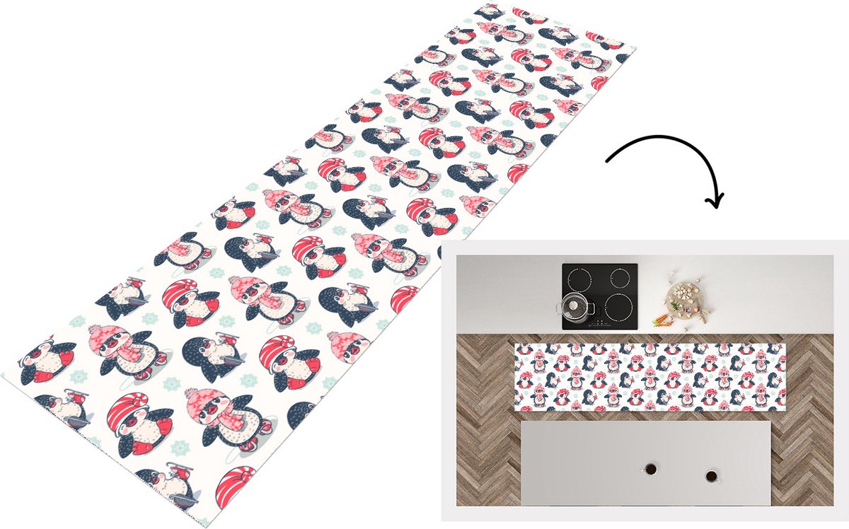 KitchenYeah Keukenloper - Loper keuken - Schaatsen - Patronen - Pinguïn - 200x50 cm - Keukenloper vinyl Multicolor