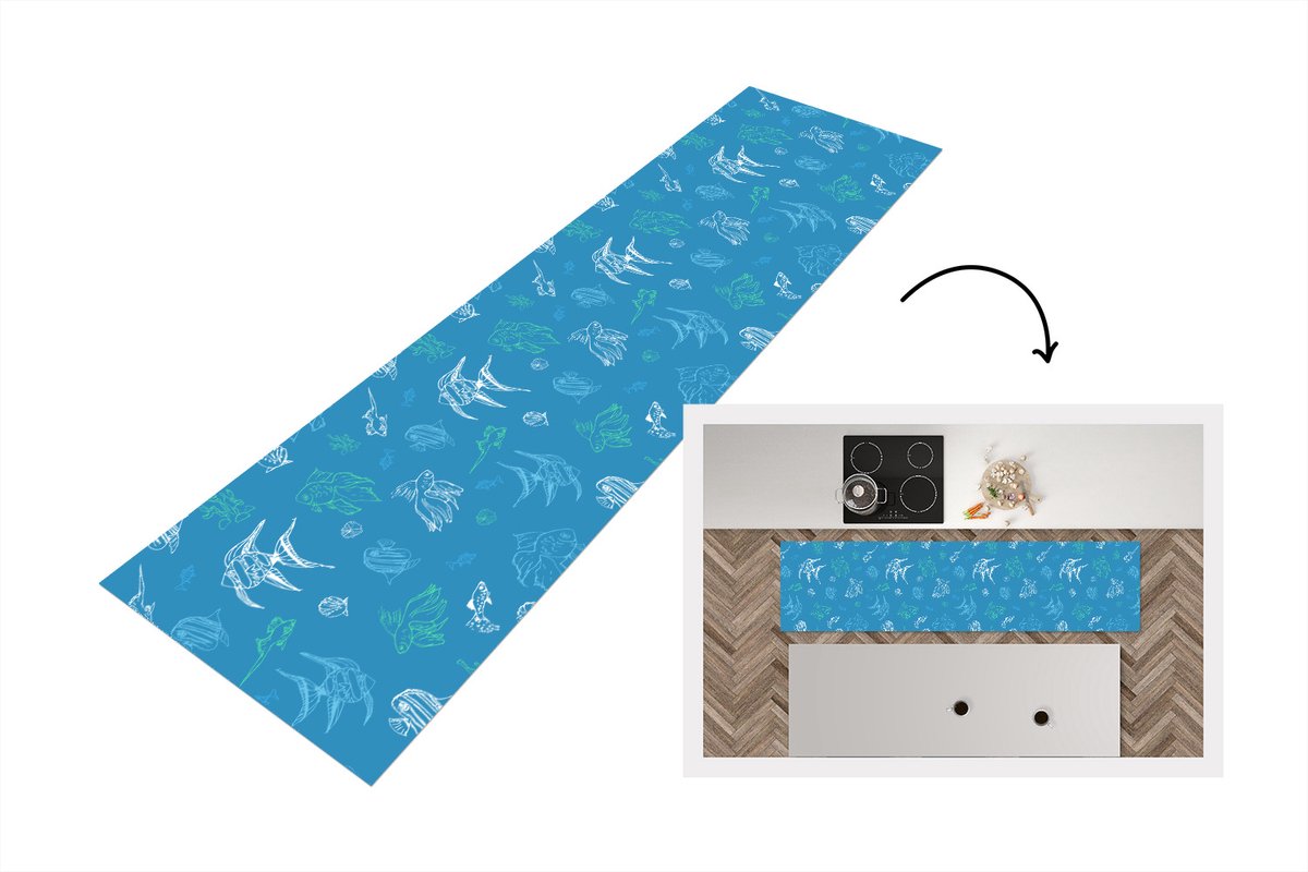 KitchenYeah Keukenloper - Loper keuken - Vissen - Pastel - Patronen - Zee - 240x60 cm - Keukenloper vinyl Multicolor