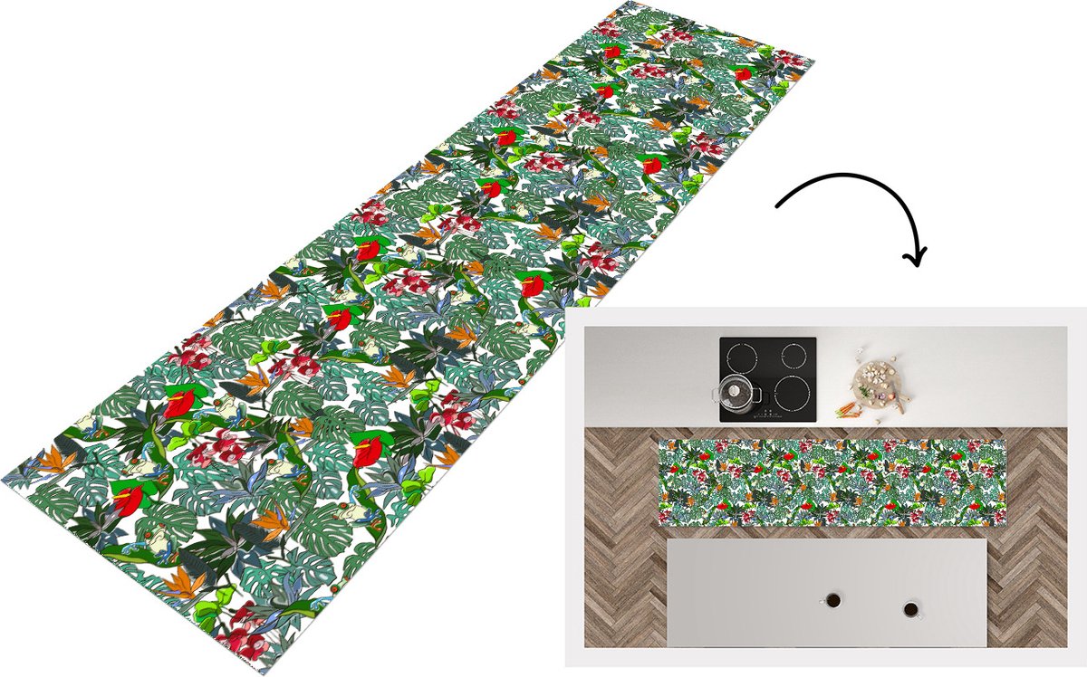KitchenYeah Keukenloper - Loper keuken - Patroon - Planten - Jungle - 200x50 cm - Keukenloper vinyl Multicolor