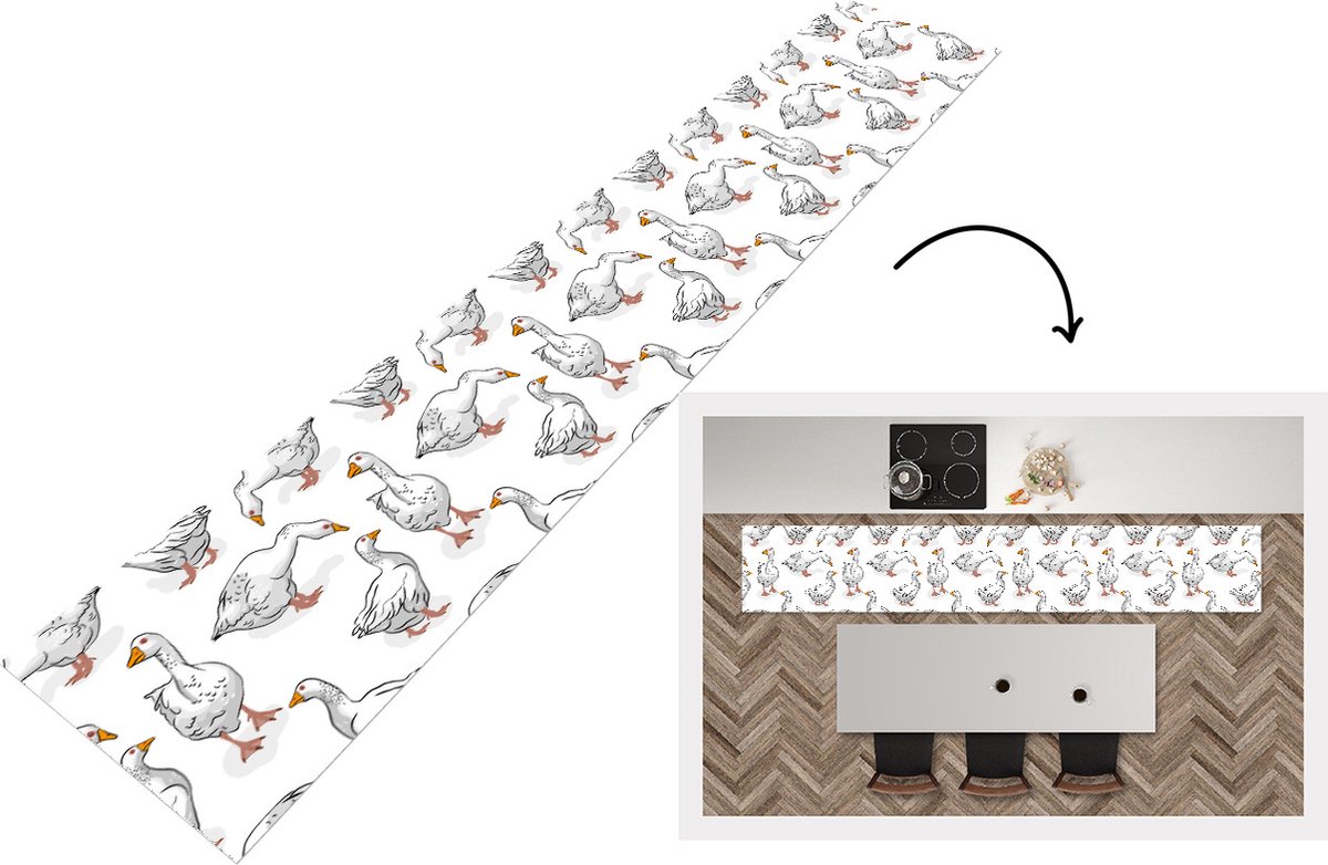 KitchenYeah Keukenloper - Loper keuken - Patroon - Vogel - Gans - 300x50 cm - Keukenloper vinyl Multicolor