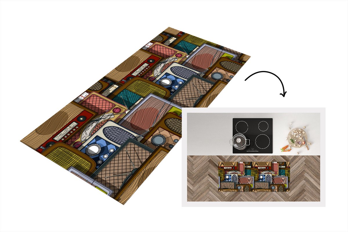 KitchenYeah Keukenloper - Loper keuken - Tieners - Radio - Patronen - Retro - 120x50 cm - Keukenloper vinyl Multicolor