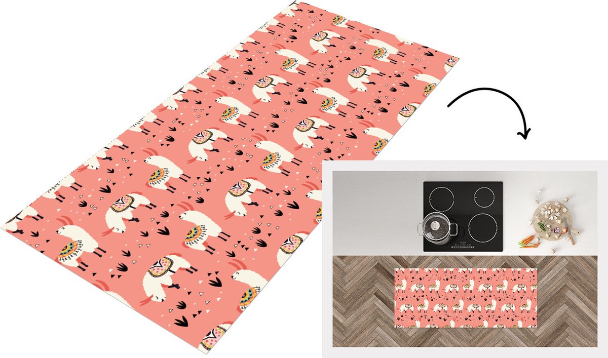 KitchenYeah Keukenloper - Loper keuken - Lama - Kinderen - Roze - Patroon - 120x50 cm - Keukenloper vinyl Multicolor