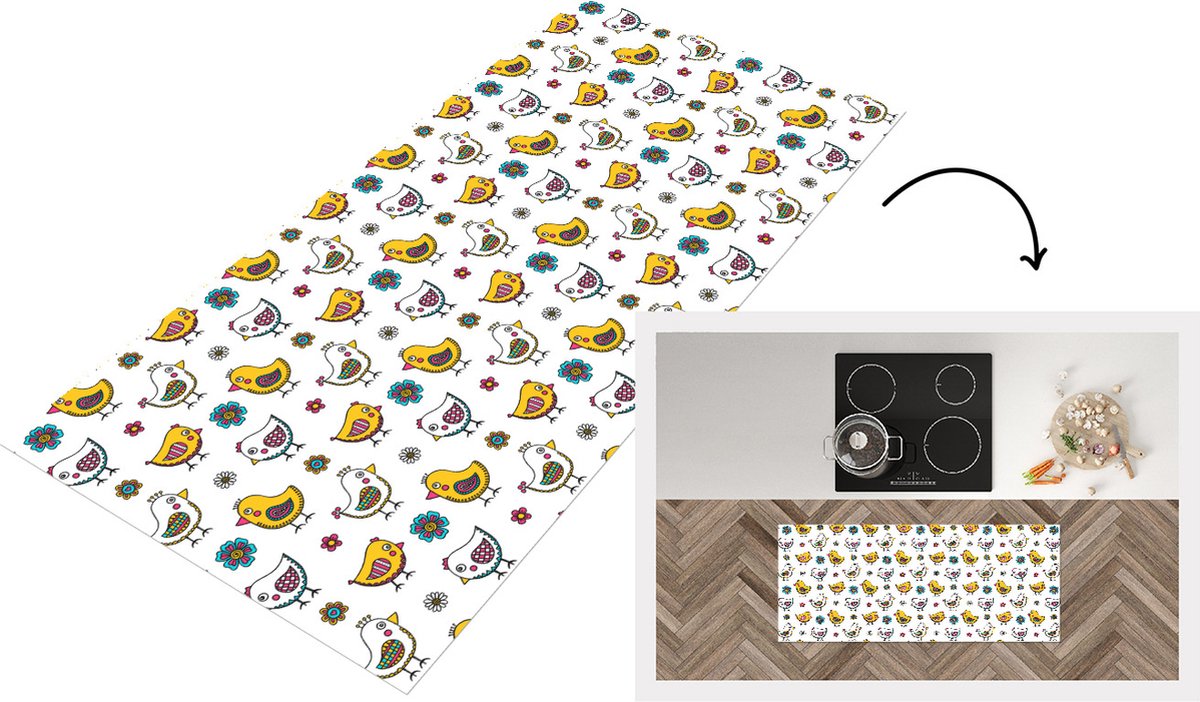 KitchenYeah Keukenloper - Loper keuken - Kip - Bloemen - Lente - Patronen - Kinderen - 120x50 cm - Keukenloper vinyl Multicolor